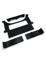Set of black plastic mounting brackets and plates for equipment installation.