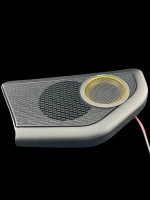 Sony speaker featuring a prominent yellow accent and a textured black surface.
