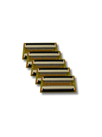 Five circuit board connectors arranged in a row on a white background.