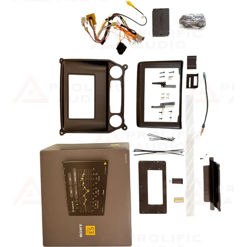 Wiring harness, Sony XAV-AX8500 kit parts, and custom 3D-printed ABS mount components for the Chevrolet Silverado dash, black accents included.