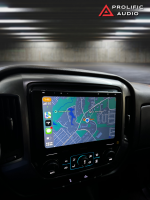 Sony XAV-9500ES displaying navigation via Apple CarPlay in a 2014-2019 Chevrolet Silverado or GMC Sierra, integrated with Prolific Audio’s installation kit. Title: Navigation Display on XAV-9500ES