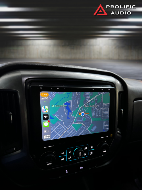 Sony XAV-9500ES displaying navigation via Apple CarPlay in a 2014-2019 Chevrolet Silverado or GMC Sierra, integrated with Prolific Audio’s installation kit. Title: Navigation Display on XAV-9500ES