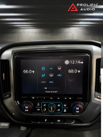 Climate control settings displayed on the Sony XAV-AX8500 multimedia receiver installed in a 2014-2019 Chevrolet Silverado or GMC Sierra, featuring dual-zone temperature controls and a modern dashboard integration.