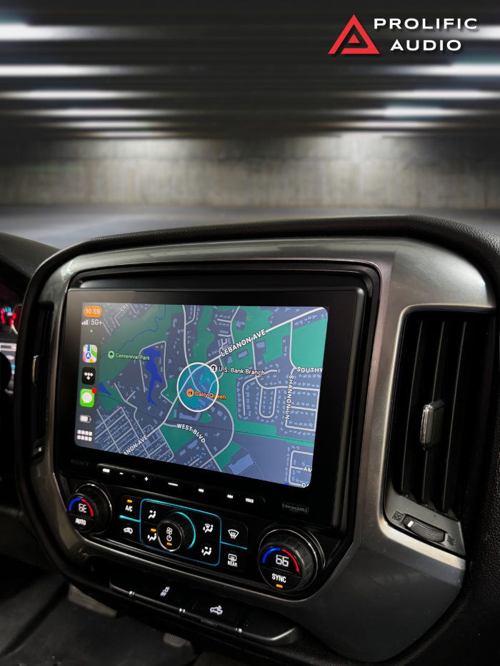 Navigation interface displayed on the Sony XAV-AX8500 multimedia receiver installed in a 2014-2019 Chevrolet Silverado or GMC Sierra, featuring a clear and modern dashboard integration.