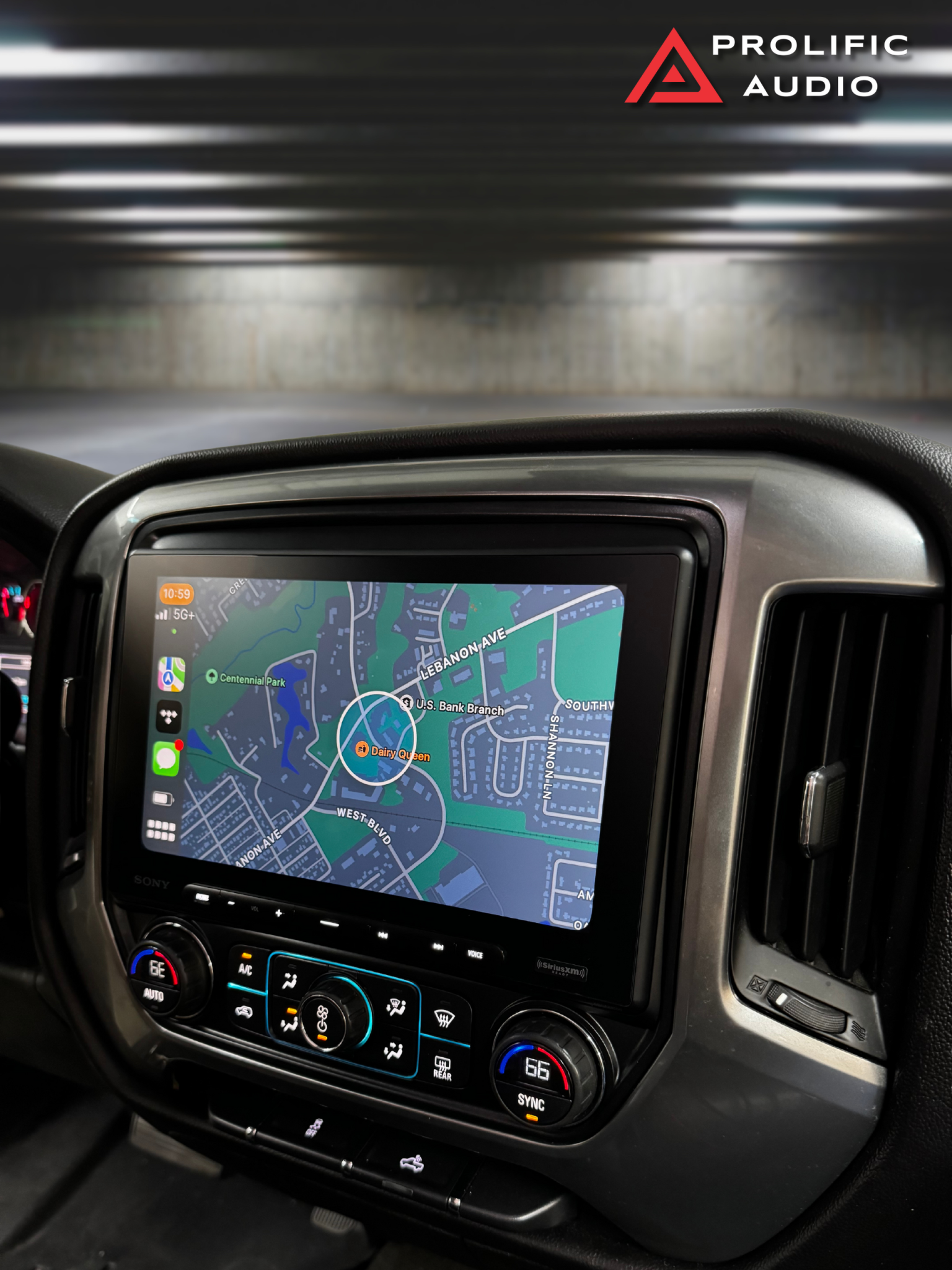 Navigation Display on Sony XAV-AX8500 Navigation interface displayed on the Sony XAV-AX8500 multimedia receiver installed in a 2014-2019 Chevrolet Silverado or GMC Sierra, featuring a clear and modern dashboard integration.