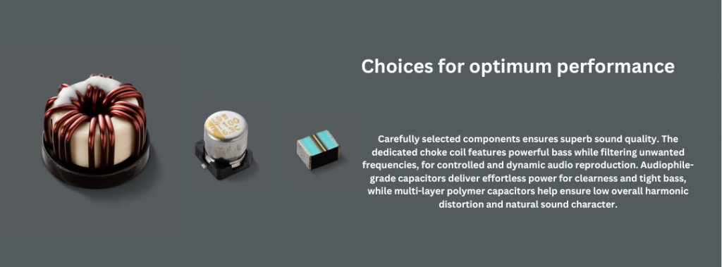 Image showcasing high-quality components used in the Sony XAV-9500ES radio, including a choke coil, audiophile-grade capacitors, and multi-layer polymer capacitors. The text highlights their roles in enhancing sound quality, such as delivering clear and tight bass, filtering unwanted frequencies, and minimizing harmonic distortion for a natural audio character.