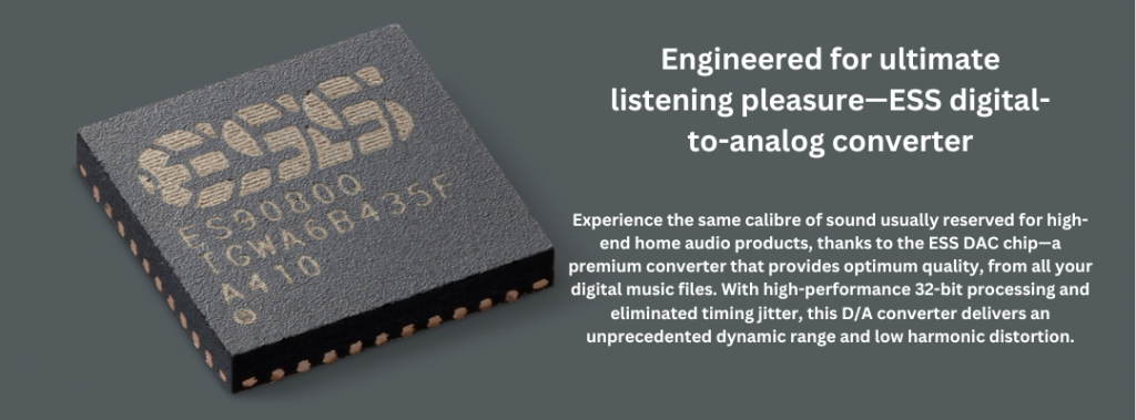 Close-up of an ESS digital-to-analog converter chip used in the Sony XAV-9500ES radio. The text emphasizes the premium ESS DAC's ability to deliver high-end sound quality with 32-bit processing, reduced timing jitter, and an unprecedented dynamic range for exceptional audio performance, typically found in high-end home audio systems.