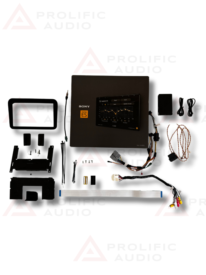 Complete Prolific Audio DIY kit for installing the Sony XAV-9500ES radio into a 2011-2013 Jeep Grand Cherokee. The kit includes the Sony XAV-9500ES radio, custom mounting brackets, a trim bezel, wiring harnesses, connectors, hardware, and installation tools, all designed for seamless integration and professional-grade installation.