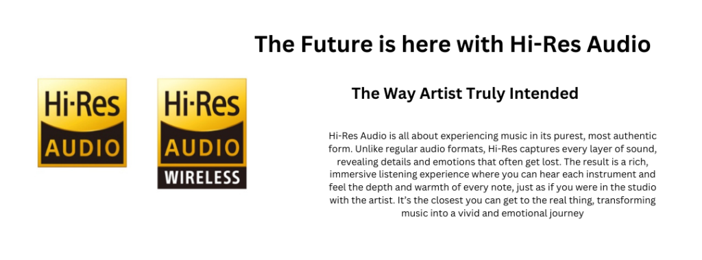 Icons for Hi-Res Audio and Hi-Res Audio Wireless alongside text describing the superior audio quality offered by high-resolution formats. The description emphasizes capturing every detail and emotion of sound, delivering an immersive listening experience that replicates studio-quality audio, transforming music into a vivid and emotional journey as intended by the artist.