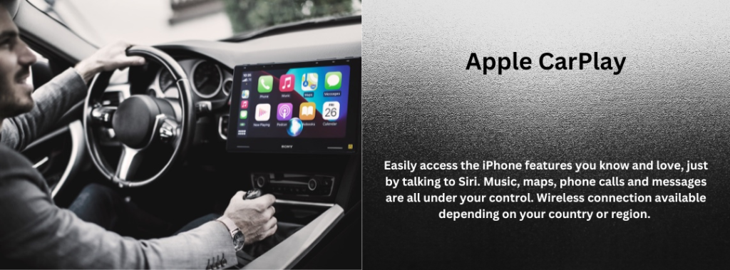 Interior view of a vehicle showcasing the Sony XAV-9500ES radio with Apple CarPlay displayed on the screen. The interface features apps like music, maps, messages, and podcasts, emphasizing hands-free control through Siri for seamless access to iPhone features. The accompanying text highlights wireless connection availability depending on the region.