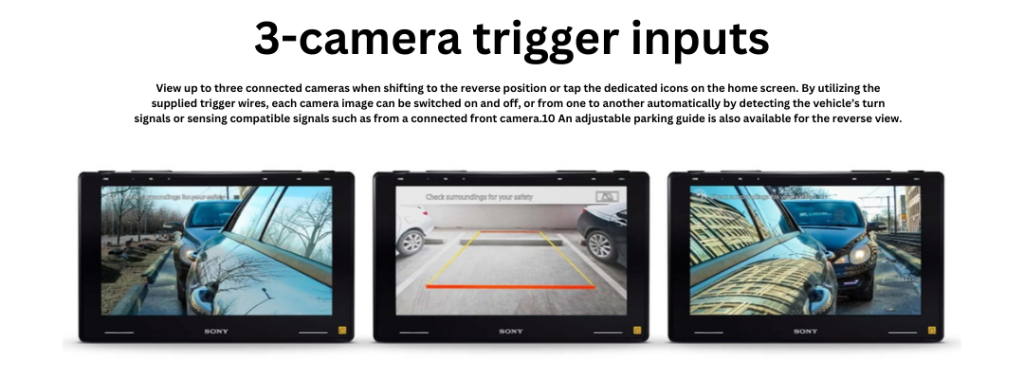 Display showing the Sony XAV-AX8500 radio's 3-camera trigger input functionality, with three screens highlighting different camera views: a side mirror perspective, a rear parking guide with adjustable lines, and a front view. The text explains seamless integration for switching camera inputs using turn signals or dedicated icons.