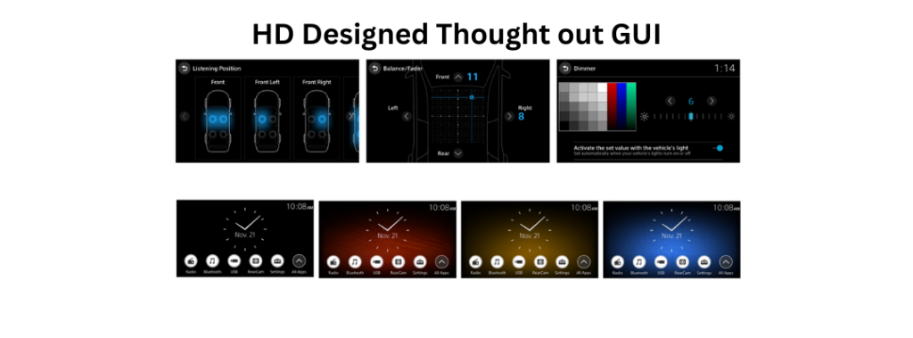 Display highlighting the Sony XAV-AX8500 radio's HD-designed graphical user interface (GUI) with customization options. The top row shows listening position setup, balance and fader controls, and dimmer adjustment for screen brightness and color. The bottom row presents different color themes for the main menu screen with options like radio, Bluetooth, USB, rear camera, settings, and all apps.