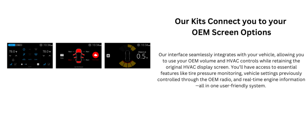 Display showcasing the Sony XAV-AX8500 radio integration with vehicle OEM systems, including three screen views: HVAC controls with temperature settings, tire pressure monitoring with vehicle graphic, and proximity sensor data for object detection, alongside text emphasizing seamless connection to OEM features.