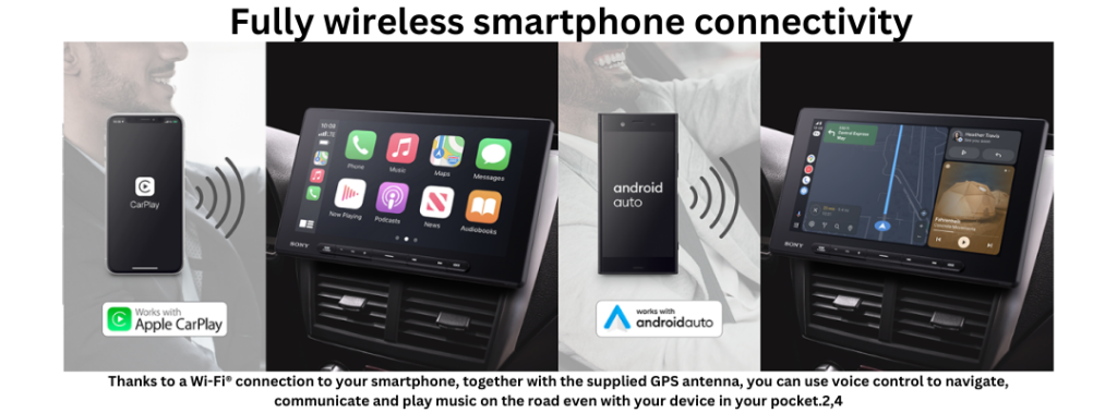 Display demonstrating the Sony XAV-AX8500 radio's fully wireless smartphone connectivity. The image showcases compatibility with Apple CarPlay and Android Auto, featuring wireless connection icons. The radio screen displays app interfaces such as navigation, music, and messages, emphasizing voice control and seamless integration for hands-free operation while driving.