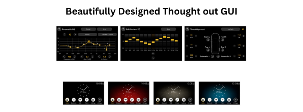 Display showcasing the Sony XAV-9500ES radio's thoughtfully designed graphical user interface. The top row features parametric EQ adjustments, custom EQ editing, and precise time alignment settings for tailored audio configurations. The bottom row displays various color themes for the main menu, including options for radio, Bluetooth, USB, phone, settings, and all apps, emphasizing customization and user-friendly operation.