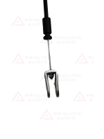 Metal clip attached to a wire, designed for securing items together.