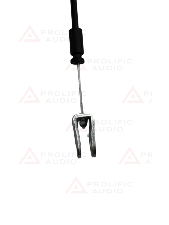 Metal clip attached to a wire, designed for securing items together.