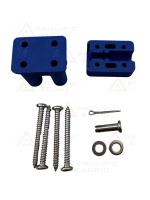 Blue plastic component with screws, a pin, and a washer arranged on a white background.