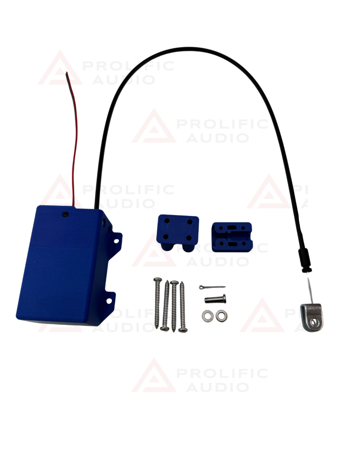 Blue electronic component with a wire, mounting brackets, screws, and a hook for installation.