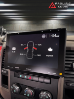 Sony car stereo display showing vehicle status indicators and settings in a vehicle dashboard.