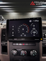 Sony car stereo display showing vehicle metrics including speed, load, RPM, and fuel levels.