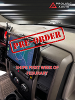 Car dashboard displaying a touchscreen interface with a pre-order stamp indicating shipping in February.