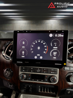 Sony car stereo display showing speed, RPM, fuel, and intake metrics in a vehicle dashboard setting.