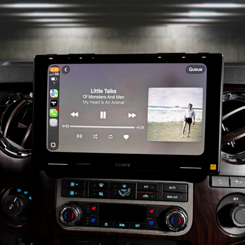 Sony car stereo display showing the song 'Little Talks' by Of Monsters and Men with playback controls.